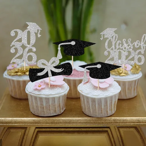Miniatura 6 de Paquete de 24 adornos para cupcakes de clase 2025 con purpurina 2025 para diploma de graduación 2025 para cupcakes temáticos de graduación 2025
