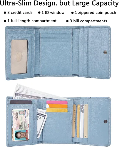 Miniatura 2 de AINIMOER Cartera pequeña de piel para mujer, delgada, compacta, con bloqueo RFID, con bolsillo para monedas, Bloqueo Rfid de Lichee Gray Blue