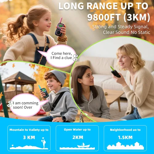 Miniatura 4 de Walkie Talkies recargables para niños, paquete de 3, Walkie Talkies de largo alcance para niños de 22 canales VOX linterna para acampar al aire