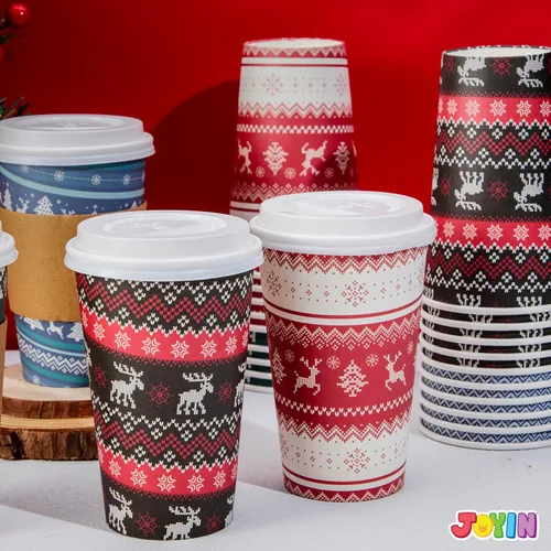 Miniatura 8 de JOYIN 24 piezas de vasos de papel desechables de Navidad, vasos de fiesta de Feliz Navidad de 16 oz con mangas y tapas, 4 diseños de vajilla