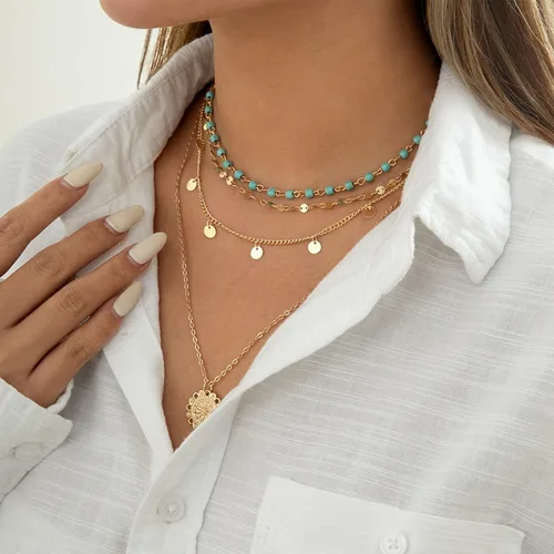 Miniatura 2 de Collar de oro para mujer, juego de collares de moda en capas, collar bohemio con cuentas de turquesa, collar largo con dije de moneda, collar