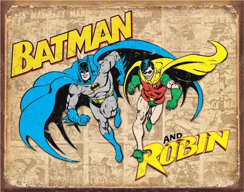 Desperate Enterprises Letrero de lata con texto en inglés «Batman and Robin» – Decoración de pared de metal vintage nostálgica – Fabricado en