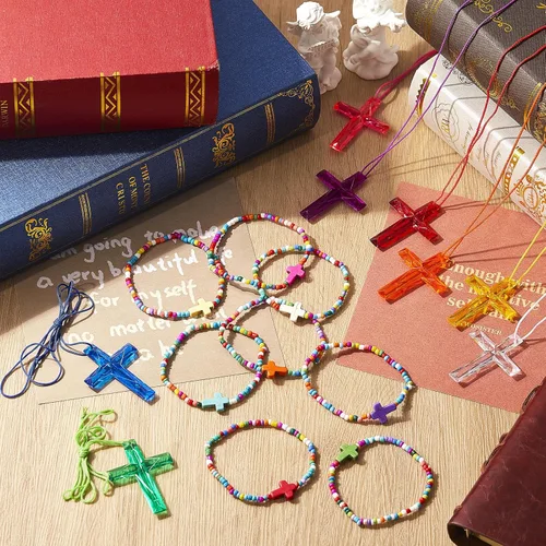 Miniatura 4 de Equsion 48 collares de cruz cristiana religiosa para fiestas de Pascua, incluye 24 collares de cruz de cristal de plástico, regalos de manualidades