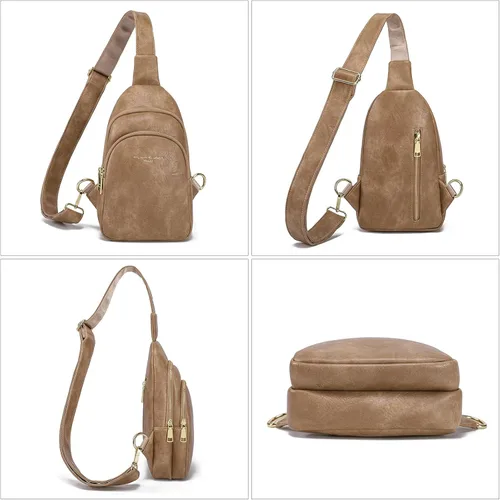 Miniatura 6 de Bolso cruzado pequeño, riñonera para mujeres y hombres, bolso bandolera de cuero para regalos, Estilo 5, color caqui.