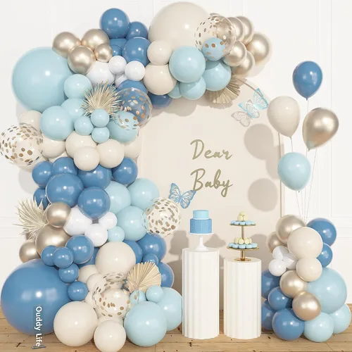 Miniatura 11 de Ouddy Life Kit de arco de guirnalda de globos de color azul polvoriento, 157 unidades, globos de confeti de color azul metálico y blanco