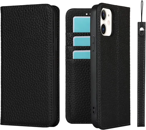 iCoverCase Funda tipo cartera compatible con iPhone 12 Mini con tarjetero y correa para la muñeca, bloqueo RFID, funda magnética para teléfono de