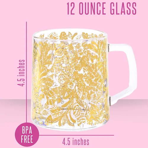 Miniatura 2 de Lilly Pulitzer Bonita taza de cristal, taza transparente con asa, 12 onzas, taza estética para café y té, Calypso Coast (dorado)