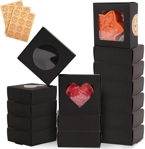 Moukiween 30 cajas de jabón negras para jabón casero, cajas de regalo de embalaje de 2.95 x 2.95 x 1.18 pulgadas con ventana, pequeñas cajas Negro