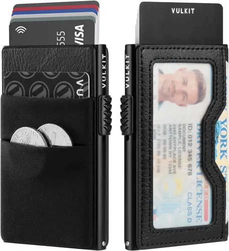 VULKIT Billetera minimalista con ventana de identificación y bolsillo EDC con bolsillo desplegable para tarjetas de crédito y bloqueo RFID, diseño