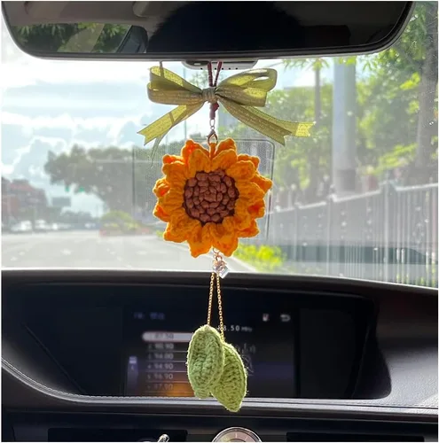 Accesorios de girasol para automóvil, bonitos accesorios para automóvil, hechos a mano, de punto, espejo retrovisor, adorno colgante para tus