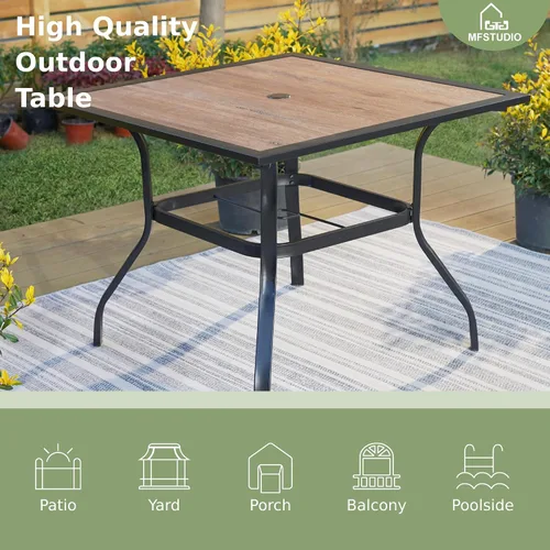 Miniatura 3 de MFSTUDIO Juego de comedor de 5 piezas de metal para patio, juego de muebles para exteriores con 1 mesa cuadrada de madera y 6 sillas de respaldo