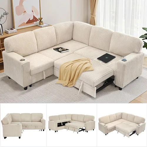 Miniatura 10 de Sofá modular de 81 pulgadas, sofá cama de 5 plazas en forma de L con cama extraíble, almacenamiento oculto, portavasos y puertos de carga USB, sofás