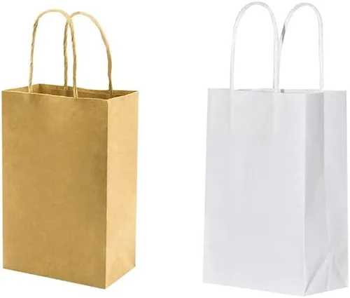 Cada paquete de 100 bolsas de regalo de papel para manualidades de tamaño pequeño blanco y marrón con asas color azul para recuerdos de fiesta de