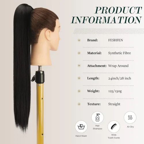 Miniatura 4 de FESHFEN Extensiones de cola de caballo largas y rectas, extensiones de cola de caballo sintéticas para mujer, color negro natural, 24 pulgadas