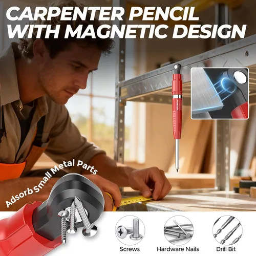 Miniatura 4 de Nicpro Lápices de carpintero magnéticos 7 en 1 CP5000 con sacapuntas, lápiz mecánico de construcción + 10 recargas, marcador de agujero profundo