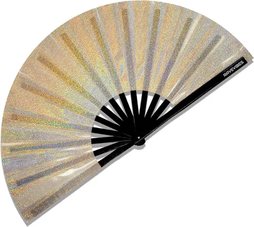 Ravevibes Ventilador de mano holográfico grande con purpurina de 13 pulgadas, plegable y iridiscente para festivales Edm Clack, plegable, para