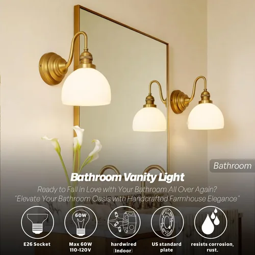 Miniatura 3 de Apliques de Pared Dorados, Luz de Tocador de Baño Cableada con Cuenco Rayado de Vidrio Esmerilado, Lámpara de Pared Montada de Latón Vintage