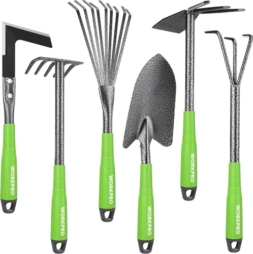 Miniatura 10 de WORKPRO Juego de herramientas de jardín rosa de 6 piezas, herramientas manuales de jardinería resistentes con mango de goma suave, incluyendo