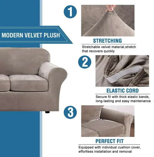 Miniatura 3 de H.VERSAILTEX Funda de Sofá de Terciopelo de 4 Piezas de Alta Elasticidad, Protector de Muebles de Ajuste Perfecto, Funda de Sofá Extra Grande