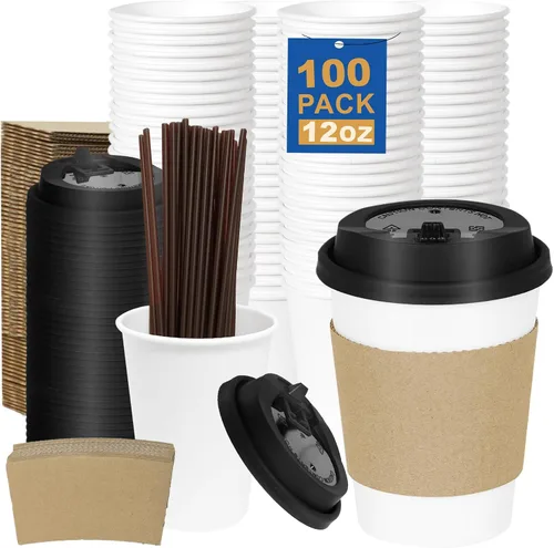 Miniatura 39 de Paquete de 100 tazas de café desechables de pared ondulada corrugada de 16 onzas con tapas y pajitas, tazas aisladas resistentes para bebidas