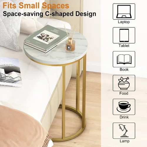 Miniatura 8 de Function Home Mesa auxiliar de mesa C, mesa auxiliar de sofá en forma de C de mármol, mesas de sofá que se deslizan por debajo, mesa decorativa