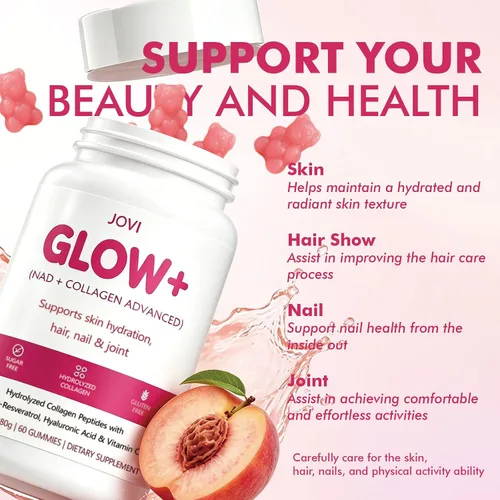 Miniatura 5 de Jovi Glow+ NAD+ - Gomitas avanzadas de colágeno hidrolizado, absorción avanzada, péptidos multitipo con resveratrol, ácido hialurónico, vitamina C