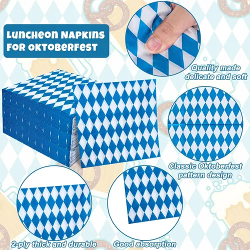 Miniatura 3 de Whaline Paquete de 80 servilletas de almuerzo Oktoberfest a cuadros azules y blancos, servilletas de papel desechables decorativas para postre