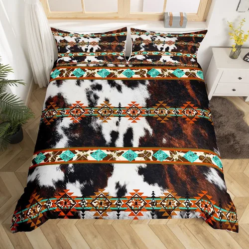 Miniatura 36 de Erosebridal Funda de edredón de piel de vaca marrón con estampado de vaca de las tierras altas, juego de ropa de cama occidental exótico azteca