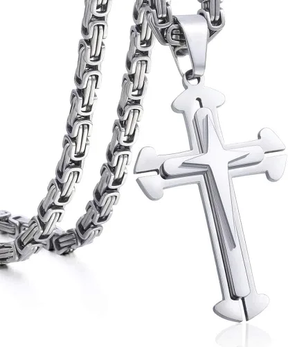 Miniatura 7 de Trendsmax - Collar con colgante de cruz para hombre, acero inoxidable, cadena bizantina de 22 24 26 28 30 pulgadas