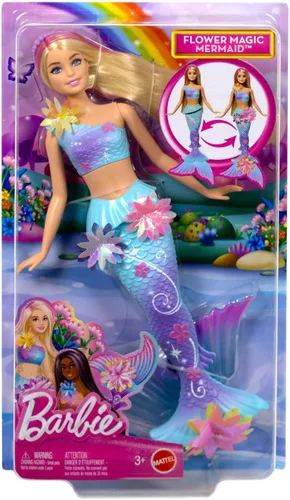 Miniatura 6 de Muñecas de juguete de sirena Barbie con función sorpresa de flores mágicas en flor, colas ombre, accesorio diadema de perlas y pelo largo rubio