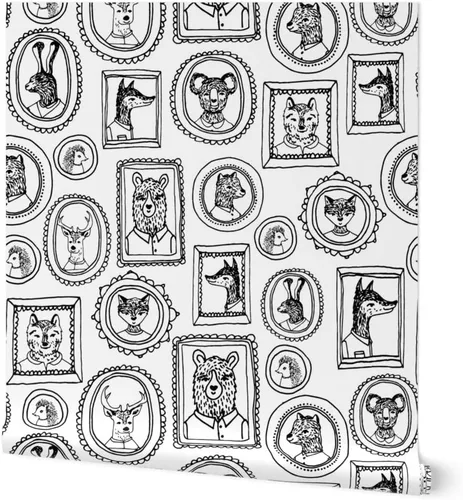 Spoonflower Papel tapiz para despegar y pegar, marco de retrato de animales caprichoso, bosque, negro, blanco, cuarto de niños, papel tapiz