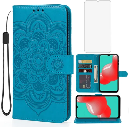 Funda para Galaxy A32 5G, Galaxy M32 5G SM-A326 Funda tipo cartera con protector de pantalla de vidrio templado, funda de cuero con soporte para