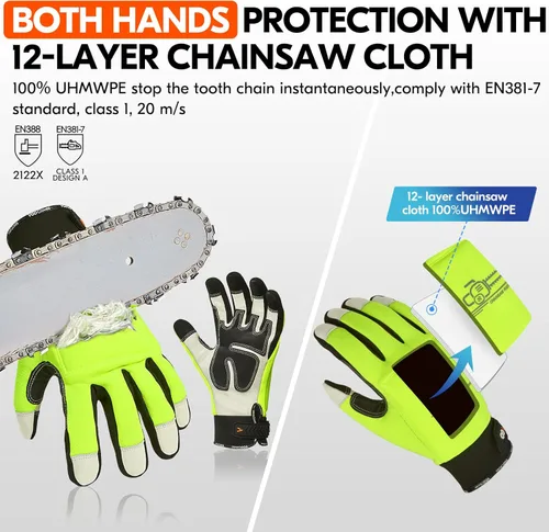 Miniatura 2 de Vgo... Guantes de motosierra, protección de sierra de 12 capas en la parte trasera izquierda/ambas manos, guantes de cuero de vaca, pantalla táctil