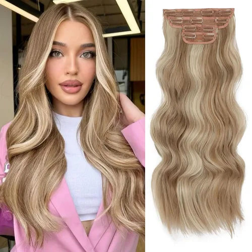 Miniatura 42 de Extensiones de cabello con clip de Vigorous de 20 pulgadas, con reflejos rubio playa, extensiones de cabello ondulado largo y suave de cabello