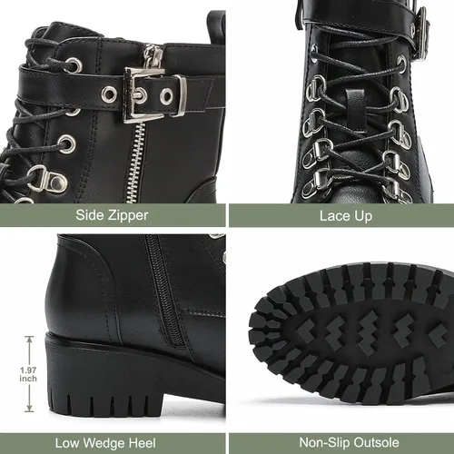 Miniatura 5 de CentroPoint Botines de cuña de moda para mujer, con cremallera lateral, con cordones, zapatos de plataforma de punta redonda
