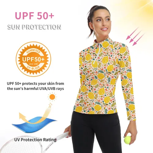Miniatura 115 de WOWENY Camiseta deportiva de manga larga para mujer, con cremallera de un cuarto, cuello para entrenamiento, camiseta de tenis con estampado