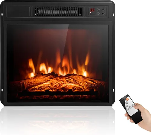 Insertos de chimenea eléctrica de 18 pulgadas, calentador de chimenea empotrado de 1400 W con control remoto, temperatura ajustable y efectos de