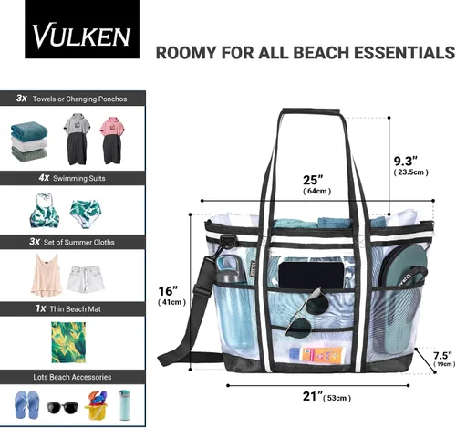 Miniatura 4 de Vulken - Bolsa de playa de malla extra grande de 42 litros. 9 bolsillos con cremallera superior