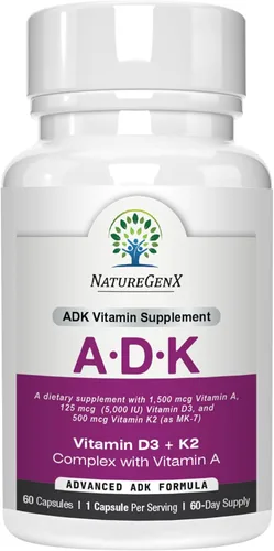 NatureGenX ADK Suplemento vitamínico de 5000 UI – Vitaminas A, D3 y K2 de alta potencia para la salud ósea y absorción de calcio | Suplemento de