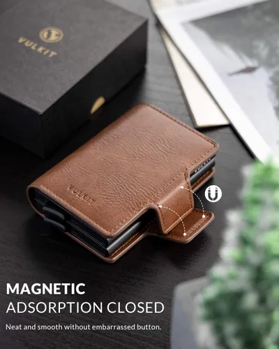 Miniatura 5 de VULKIT Tarjetero de cuero con bloqueo RFID, billetera desplegable automática con bloqueo RFID, cartera magnética para tarjetas doble para hombres