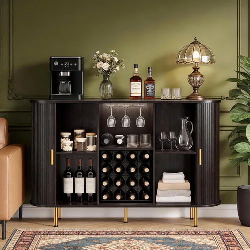 DHH Gabinete de bar de vino de 55 pulgadas con almacenamiento, licor estriado y barra de café con estante para vino y soporte para vidrio, aparador