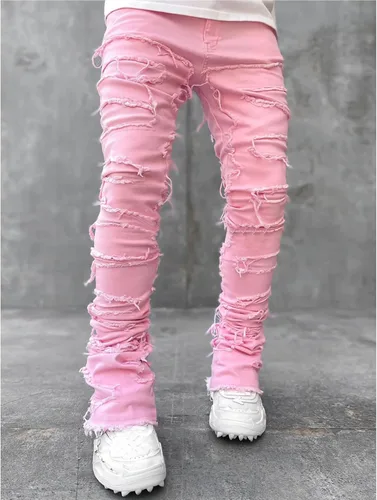 Miniatura 3 de Jeans apilados para hombre, ajustados, rasgados, elásticos, desgastados, rectos, pantalones de mezclilla estilo hip hop, ropa de calle