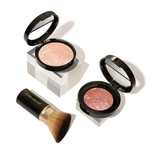 LAURA GELLER NEW YORK Kit Blush-n-Glow (3 piezas): Base de maquillaje en polvo iluminador Baked Balance-N-Glow, Porcelain + brocha retráctil Kabuki