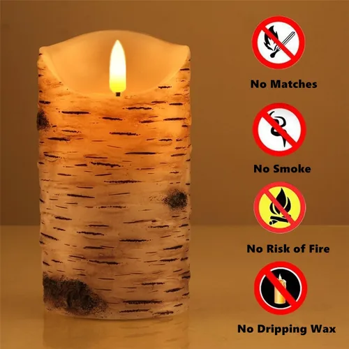 Miniatura 4 de Juego de 3 velas sin llama de corteza de abedul, velas parpadeantes de 4" 5" 6" operadas por baterías con control remoto, vela eléctrica con Abedul