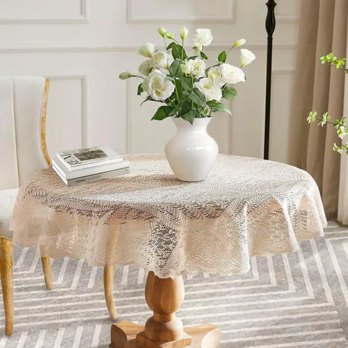 Miniatura 7 de Warm Home Designs Mantel de encaje dorado de lino, mantel redondo pequeño de 48 pulgadas de diámetro. Mantel floral, superposición rústica o mantel