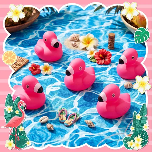 Miniatura 4 de Honoson 24 patos de goma flamencos a granel flamencos rosados recuerdos de fiesta juguete de baño piscina flotante chirriante patos de goma