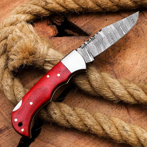 Miniatura 4 de Cuchillo de bolsillo de acero de Damasco, cuchillos de vaquero hechos a mano para exteriores, camping, senderismo, hoja de bloqueo trasera, cuchillo
