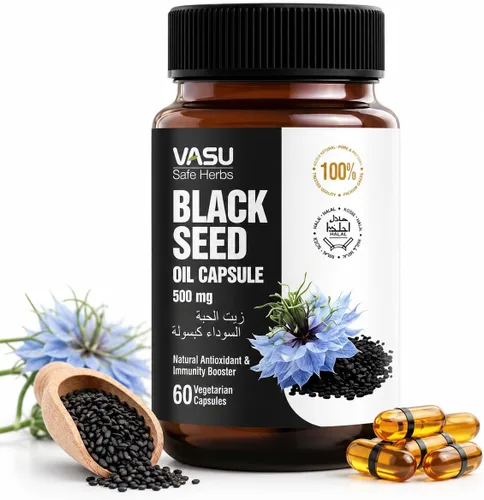 Vasu Cápsulas de semillas negras – Nigella sativa prensada en frío – Apoyo natural para el bienestar – 60 cápsulas vegetarianas – Sin OMG, sin gluten
