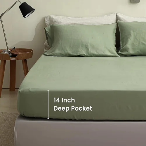 Miniatura 4 de Sábana bajera de 100 % lino lavado a la piedra, color sólido – (1 pieza) funda de colchón de 14 pulgadas de profundidad suave, natural transpirable