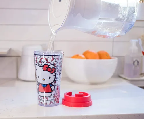 Miniatura 4 de Silver Buffalo Sanrio Hello Kitty Patrón Vaso de Viaje de Doble Pared con Tapa de Cierre Deslizante, 20 Onzas, 16oz Caras por Todas Partes, 1 Unidad